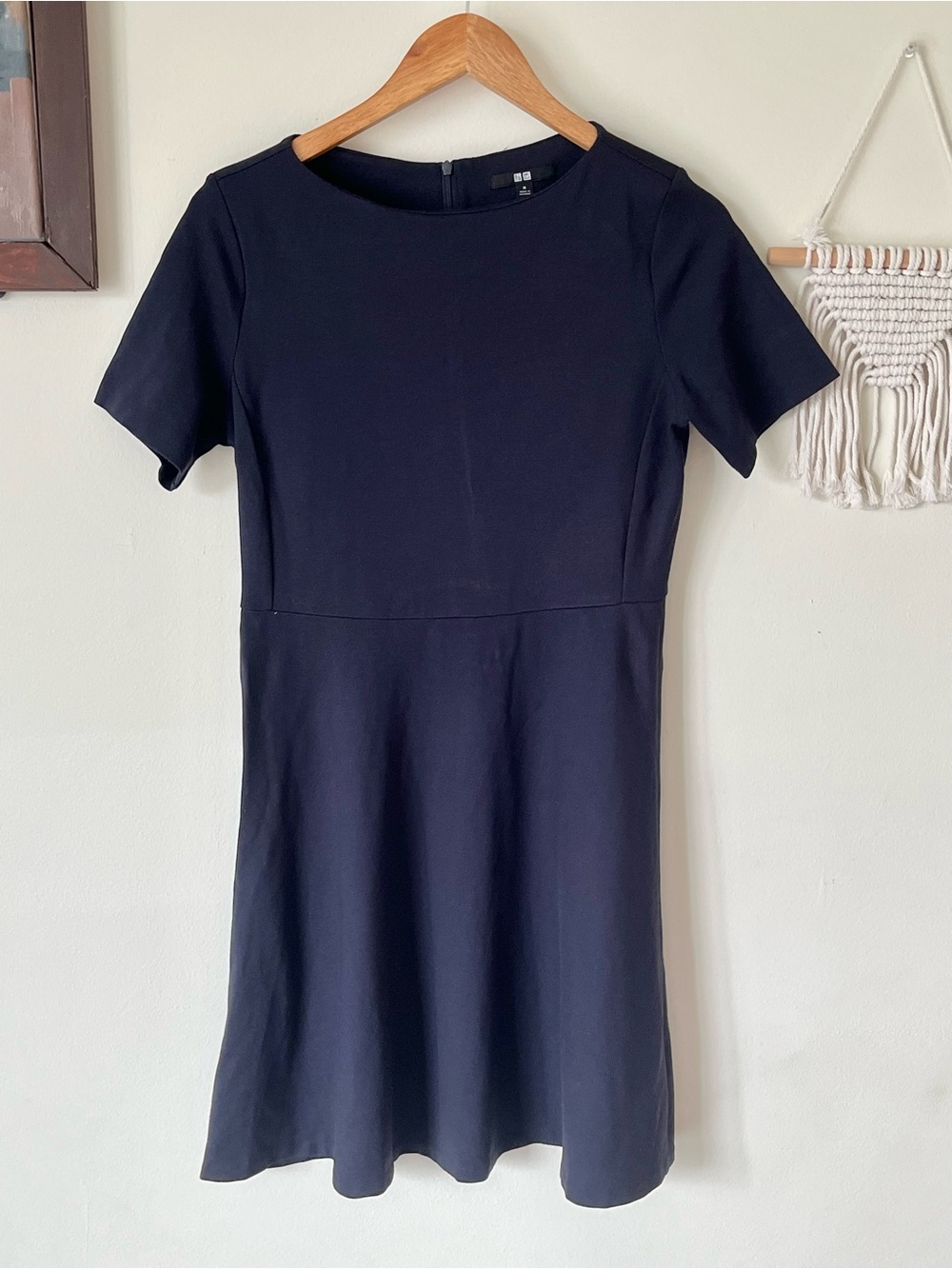 UNIQLO Navy Short-Sleeve Fit-and-Flare Midi Dress- Medium